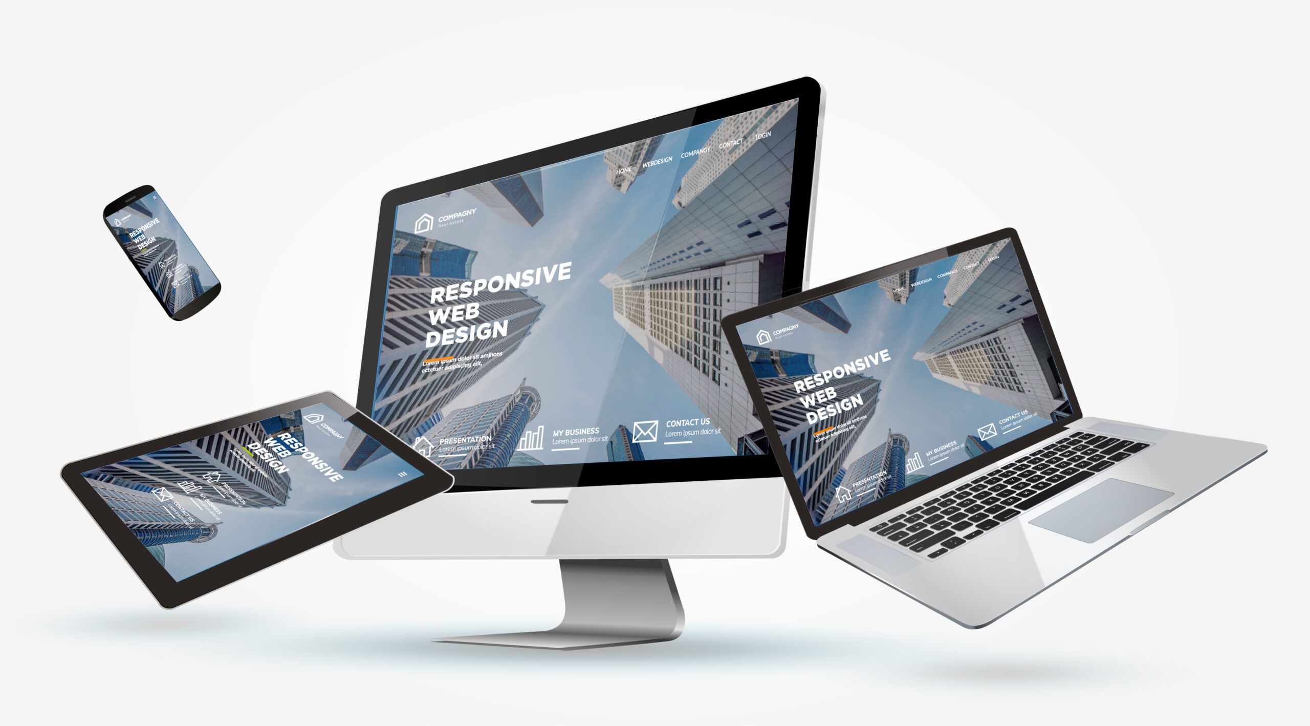Mockup Webdesign Cogo Interactive offers expert digital marketing and web design services in Northern Virginia, Maryland, and Washington, DC. Tablet, laptop, and smartphone showing a cityscape website with the text 'Responsive Web Design'. Cogo Interactive offers expert digital marketing and web design services in Northern Virginia, Maryland, and Washington, DC.