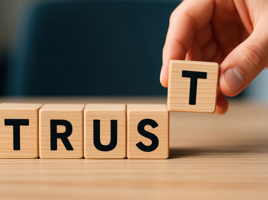 A close-up shows the concept trust being built step-by-step with light wooden blocks on a smooth table surface symbolizing reliability and foundation in business relationships Cogo Interactive offers expert digital marketing and web design services in Northern Virginia, Maryland, and Washington, DC.  Cogo Interactive offers expert digital marketing and web design services in Northern Virginia, Maryland, and Washington, DC.