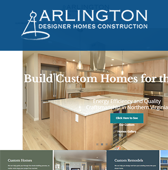 Brand banner for Arlington Designer Homes Construction over a modern kitchen with an island; overlay text reads 'Build Custom Homes for th...'. Cogo Interactive offers expert digital marketing and web design services in Northern Virginia, Maryland, and Washington, DC.