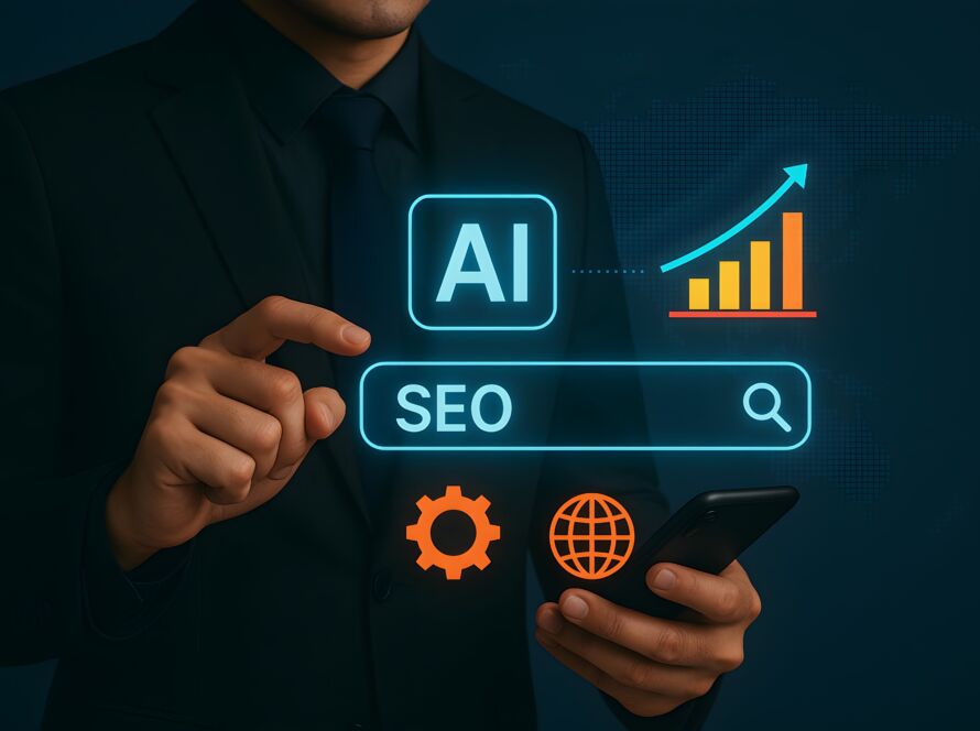 Businessperson in a dark suit interacting with glowing AI and SEO holograms, plus a rising bar chart in the background