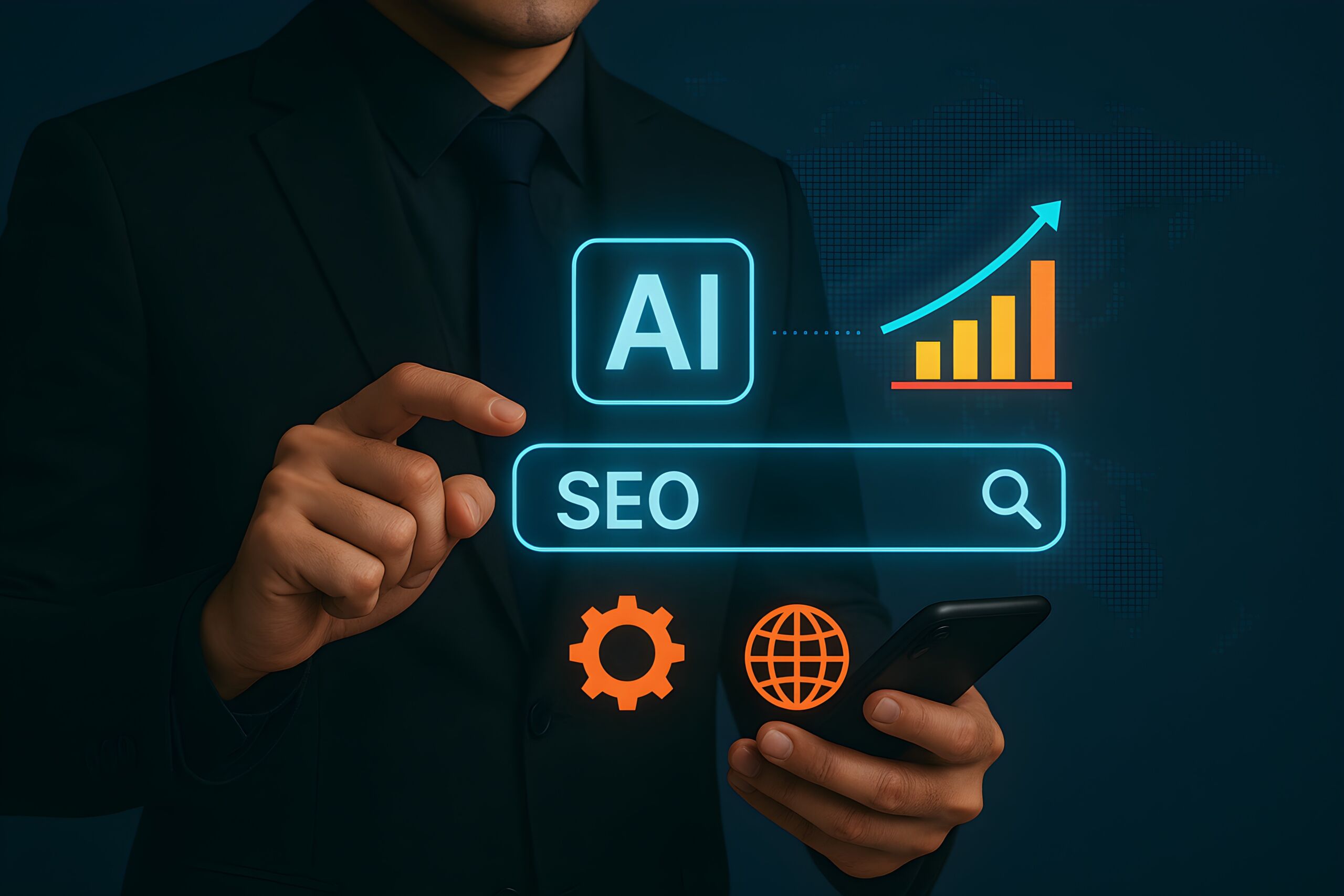 AI-powered SEO and digital strategy glowing interface with analytics automation and global optimization tools Cogo Interactive offers expert digital marketing and web design services in Northern Virginia, Maryland, and Washington, DC. Businessperson in a dark suit interacting with glowing AI and SEO holograms, plus a rising bar chart in the background Cogo Interactive offers expert digital marketing and web design services in Northern Virginia, Maryland, and Washington, DC.
