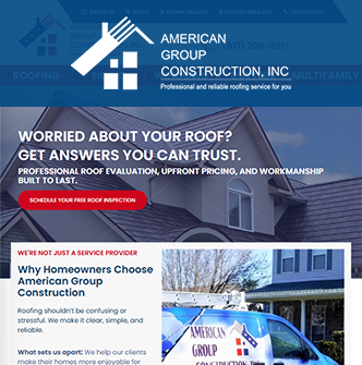 Hero banner for American Group Construction, Inc. with logo, blue header, and a house scene promoting roof inspections and trust in service. Cogo Interactive offers expert digital marketing and web design services in Northern Virginia, Maryland, and Washington, DC.
