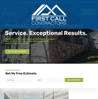 Hero banner for First Call Contractors featuring the logo, blue overlay, slogan 'Service. Exceptional Results.', and a free estimate form with a 'Get My Free Estimate' button. Cogo Interactive offers expert digital marketing and web design services in Northern Virginia, Maryland, and Washington, DC.