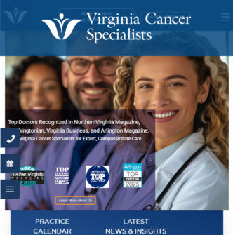 Smiling medical professionals posing together on the Virginia Cancer Specialists homepage, with award badges and a 'Learn More About Us' button overlay. Cogo Interactive offers expert digital marketing and web design services in Northern Virginia, Maryland, and Washington, DC.