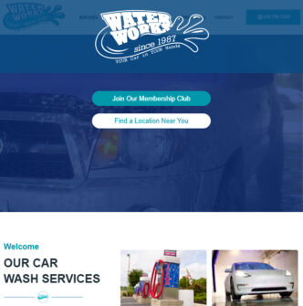 Hero banner with Water Works logo and two buttons: 'Join Our Membership Club' and 'Find a Location Near You' over a blue-taded car image backdrop Cogo Interactive offers expert digital marketing and web design services in Northern Virginia, Maryland, and Washington, DC.