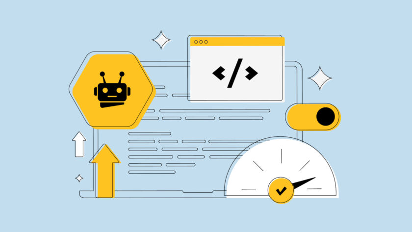 Abstract tech illustration of a code window showing , a yellow robot badge, a speedometer, and upward arrows on a light blue background, suggesting development flow and automation. Cogo Interactive offers expert digital marketing and web design services in Northern Virginia, Maryland, and Washington, DC.