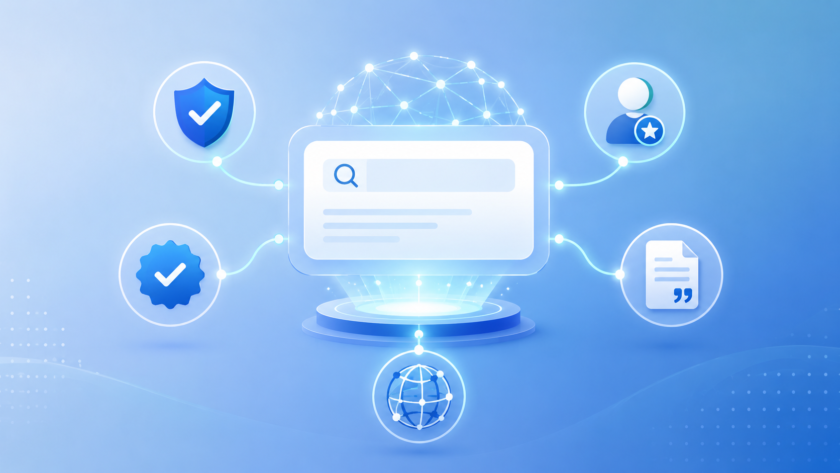 Abstract blue tech illustration showing a central search interface connected to security, verification, user badge, documents, and globe network icons.