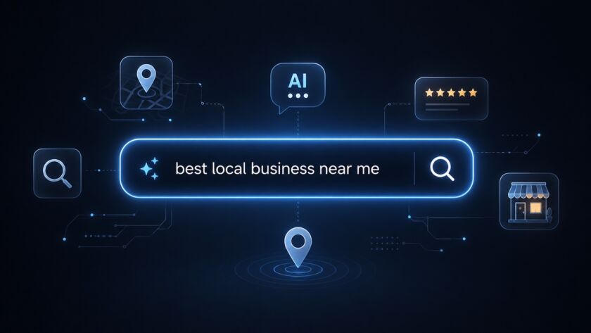 Neon-style search bar with the text 'best local business near me' and a magnifying glass icon.